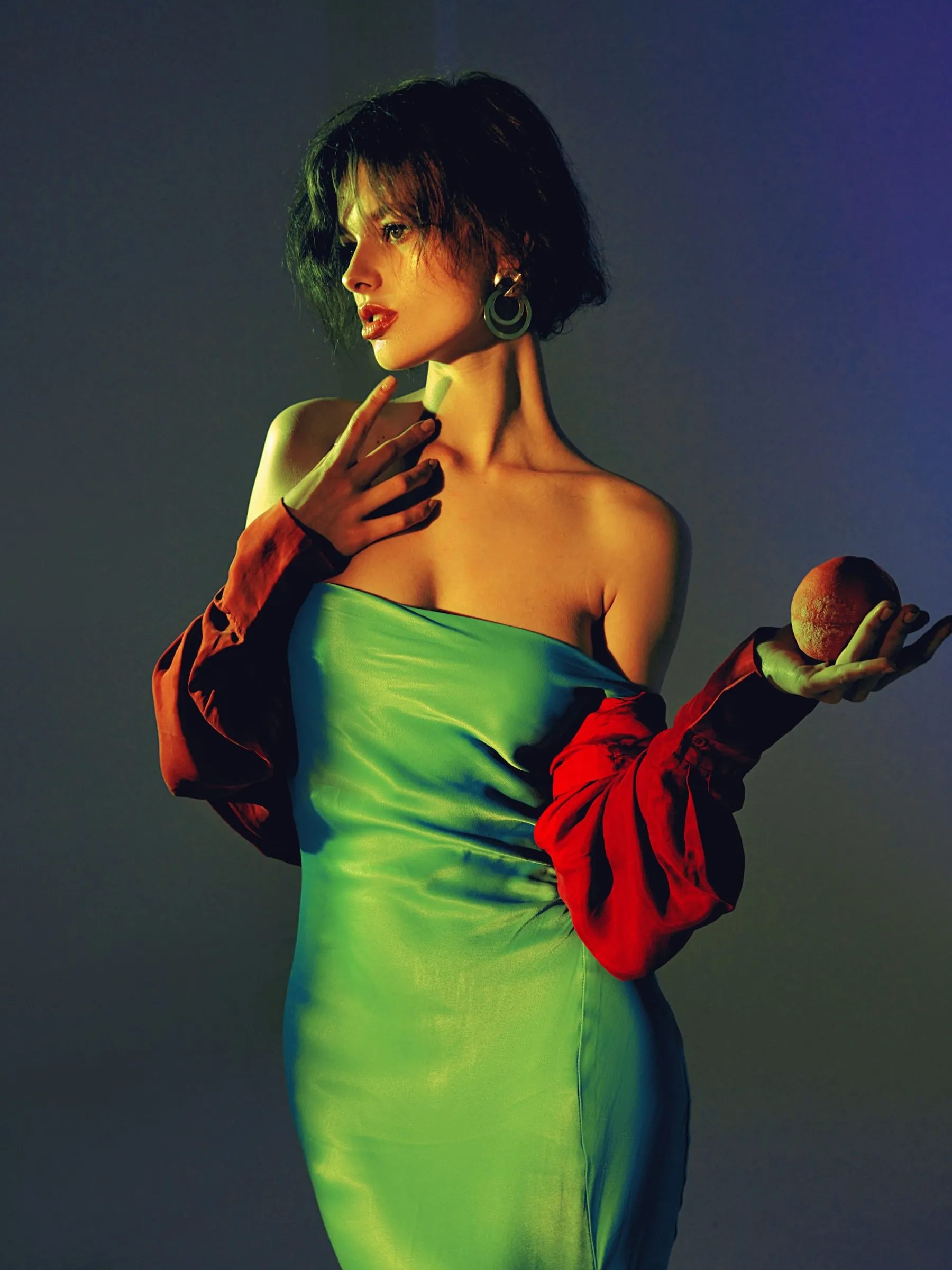 Green satin dress, colourful fashion portrait